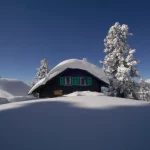 Chalet en montagne enneigée sous un ciel bleu