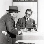 Scène rétro d'achat de billets à un guichet