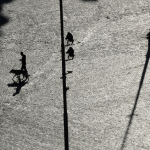 Personne marchant avec un chien sous les ombres