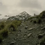 Sentier rocheux menant à une montagne enneigée