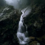 Cascade au milieu des rochers en forêt brumeuse