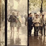 Scène de rue pluvieuse avec des passants