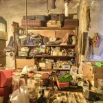 Atelier encombré avec étagères remplies de divers objets