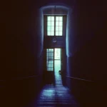 Escalier sombre menant à une porte lumineuse