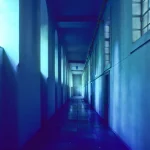 Couloir bleu illuminé par des fenêtres