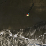 Parapluie coloré sur plage de sable noir vu d'en haut