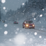 Voiture roulant dans une tempête de neige en forêt