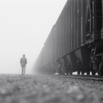Homme marchant près d'un train dans le brouillard