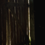 Porte de grange en bois illuminée par la lumière du jour.