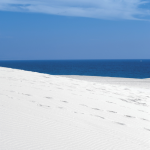 Plage de sable blanc avec horizon océanique sous un ciel bleu