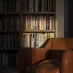 Coin lecture avec fauteuil en cuir et bibliothèque