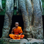 Moine Bouddhiste Méditant Devant des Racines Massives au Temple Ta Prohm