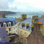 Vue des toits et du port derrière une vitre pluvieuse