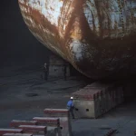 Travailleurs de chantier naval sous un immense navire rouillé