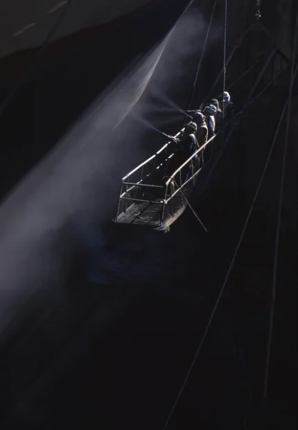 Travailleurs suspendus nettoyant une structure métallique